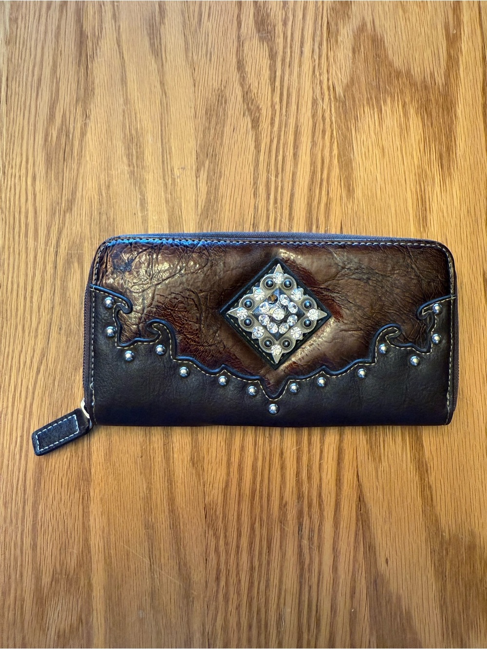 Embellished Brown Leather Zip-Around Wallet